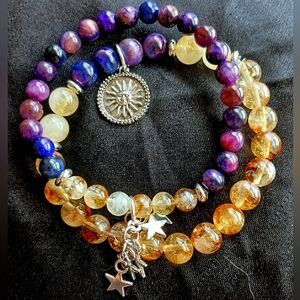 Citrine Galaxy Tiger's eye sun stars charm gemstone crystal stretch bracelet set